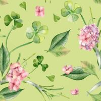 Pink hydrangea, clover and leaves watercolor on repeat background isolated. Floral seamless pattern with spring flowers and herbs painted. Botanical art design for home textile, Happy Easter. vector