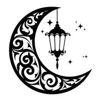 Ramadan Kareem design with a crescent moon and hanging lanterns. Elegant Islamic decoration for festive greetings. Flat illustration isolated vector