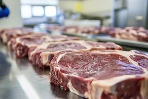Fresh rib eye steaks lying on metal table in butcher shop photo