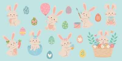 Easter bunny and eggs set on blue background. Cute pastel rabbits in different poses and colorful painted eggs. vector
