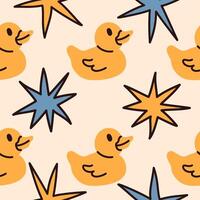 Rubber Ducks with abstract quirky Stars. Square seamless Pattern, background, wallpaper. vector