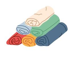 Rolled up chlothes on white background. Tshirts stack in different colors. vector