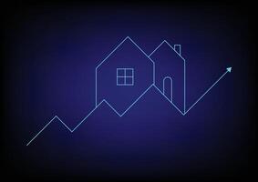 The glowing and neon light of the home with an upper arrow graph on a dark blue background. Property growth and profit for the future. vector