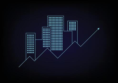 The glowing and neon light of the home with an upper arrow graph on a dark blue background. vector