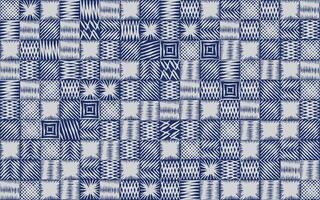 Cute seamless hand drawn checker with abstract motifs pattern in indigo blue, Japanese and ethnic folk wood carving, engraving, weaving, basketry texture surface background graphic for textile, vector