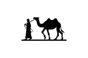 illustration of silhouette design of person walking with bactrian camel on rope vector