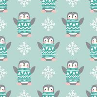 Seamless pattern with cute penguin in winter clothes on light blue background. Hand drawn Nordic illustration. Perfect for textile, wallpaper or nursery print design. vector