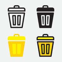 A set of four trash bin icons in different styles and color variations, including outline, solid, and two-tone designs. vector