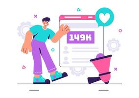 Flat Style Illustration of Online Users Clicking Follow and Like Buttons vector