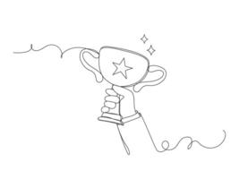 Continuous one line drawing of a hand holding a trophy isolated. vector