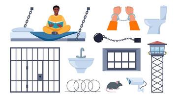 Prison element set. Observation tower, bed, prisoner man, window, prison bars, toilet bowl, sink, jail cell, rat, barbed wire, hands in handcuffs, security camera. Penitentiary system icons. . vector
