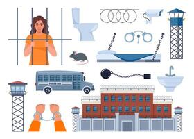Prison element collection. Observation tower, bed, prisoner, window, prison bars, toilet bowl, sink, jail cell, rat, barbed wire, hands in handcuffs, security camera. Penitentiary system icons. . vector