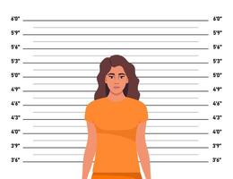 Criminal mugshot front view on measuring scale background. Prisoner woman in orange robe posing for identification photo. illustration. vector