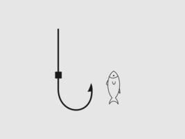 This is a flat illustration of a fishing hook with a fish vector