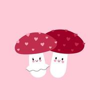 Cute fly agarics in love on a pink background. graphics vector