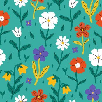Seamless spring floral pattern with turquoise background. graphics. vector