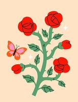 Simple branch with roses and butterfly. graphics. vector