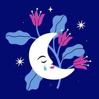 Crescent moon and flower on blue background. graphics. vector