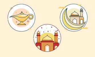 set of islamic icon of mosque, crescent moon with mosque, and lamp vector