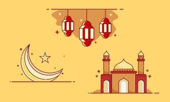 set of islamic icon of mosque , lantern lamp, and crescent moon vector
