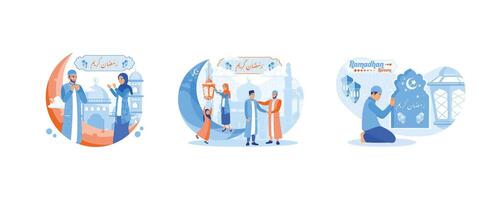 Muslims welcome the month of Ramadan by putting up lanterns and praying on Ramadan nights. vector