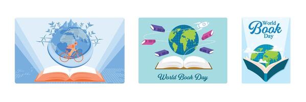 Celebrate World Book Day with globes and open books. vector