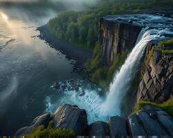 A waterfall is flowing down a cliff below which is a river. photo