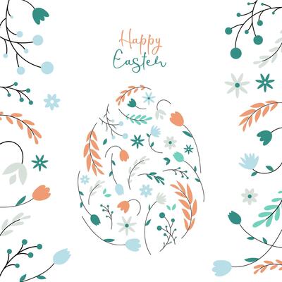 Happy Easter. Beautiful Easter egg adorned with flowers and leaves. Festive greeting card, poster, banner, postcard. illustration
