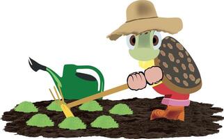 A cartoon turtle is working in the garden vector