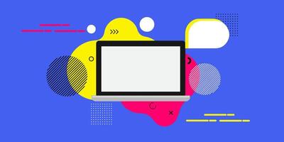a laptop with a blank screen on a blue background with pop art style color vector