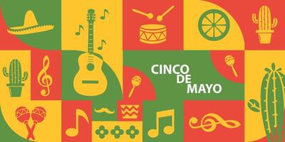 cinco de mayo flat style background with musical instruments and cactus vector