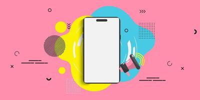 a smartphone with a blank screen on a pink background with pop art color vector