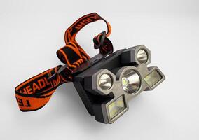 High-Powered LED Headlamp with Adjustable Strap Isolated on White Background photo