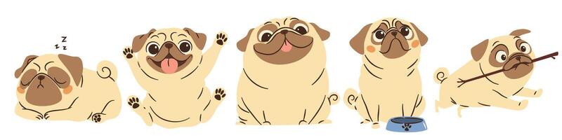 A set of flat illustrations in a simple children's style. Cute funny dogs of pug breed in different poses on white background vector