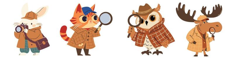 A set of flat illustrations in a simple children's style. Cute animal detectives with camera and magnifying glass, moose, cat, hare and owl vector