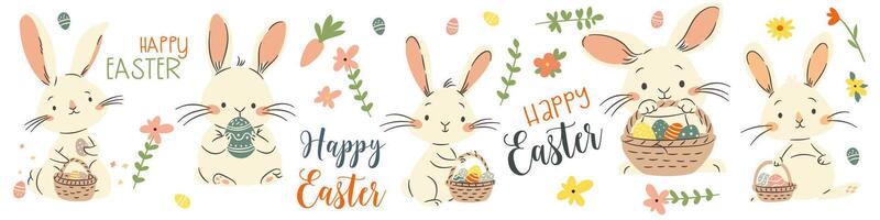 A set of flat illustrations in a simple children's style and lettering on the theme of Easter. Cute bunnies and rabbits holding baskets with Easter eggs vector