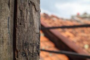 Close-Up of Weathered Wooden Post with Soft Urban Background photo