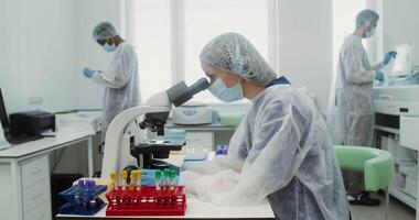A team of scientific researchers work in a modern laboratory testing biological material using microscopes, computers and modern medical equipment. 4k , red komodo video