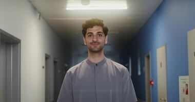 Young curly-haired male doctor with stubble on his face smiles looking directly at the camera, standing in an empty corridor of the hospital. in 4k, red komodo video