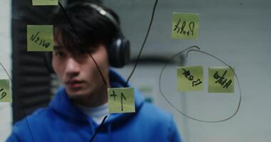 Close-up of the face of an Asian man with headphones, planning, drawing on a glass board, during a working day in the office. 4K , red komodo video