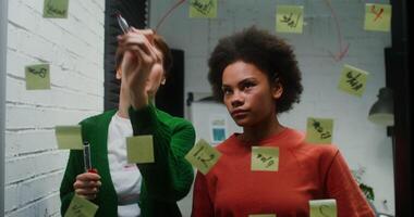 Young women drawing business startup development strategy on glass board with stickers, working together in modern office and using tablet video