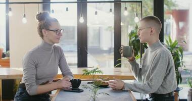 Two beautiful young women of European appearance communicate with each other, laughing and rejoicing, sitting opposite each other in a cozy stylish coffee shop over a mug of coffee video