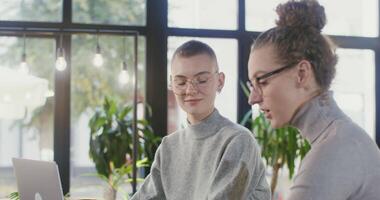Two young women of European appearance, wearing glasses, dressed in casual clothes, communicate with each other while sitting in front of an open laptop in a modern coffee shop video