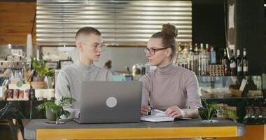 Two young women of European appearance, wearing glasses, dressed in casual clothes, work remotely in a modern coffee, using a laptop and making notes in a notebook, talking seriously to each other video