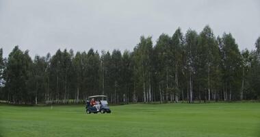 Panoramic view of the golf course with the golf car driving through it. Two men are about to play golf, moving from place to place in an electric car without doors. shooting from the side video