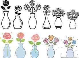 rose in vase illustration set vector