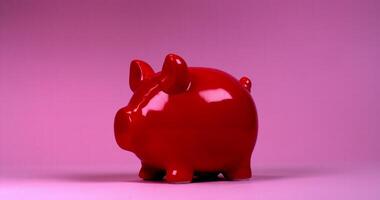A hammer breaks a red piggy bank in the shape of a pig, shards and coins fly in different directions, slow motion against a bright background video