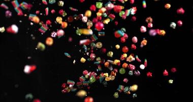 Small multi-colored candies, sugar-coated gummies and caramelized popcorn fly on a black background. Bright multicolored sweets in slow motion video