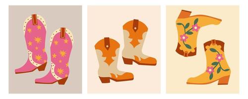 Cowboy boots. Different ornaments. Wild West Clipart icons. Hand drawn colored set. Elements are isolated .Cowboy western theme, wild west, . Sheriff Horse Ranch . vector
