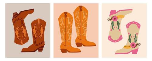 Cowboy boots. Different ornaments. Wild West . Hand drawn colored set. Elements are isolated .Cowboy western theme, wild west, Texas. Sheriff Horse Ranch . vector